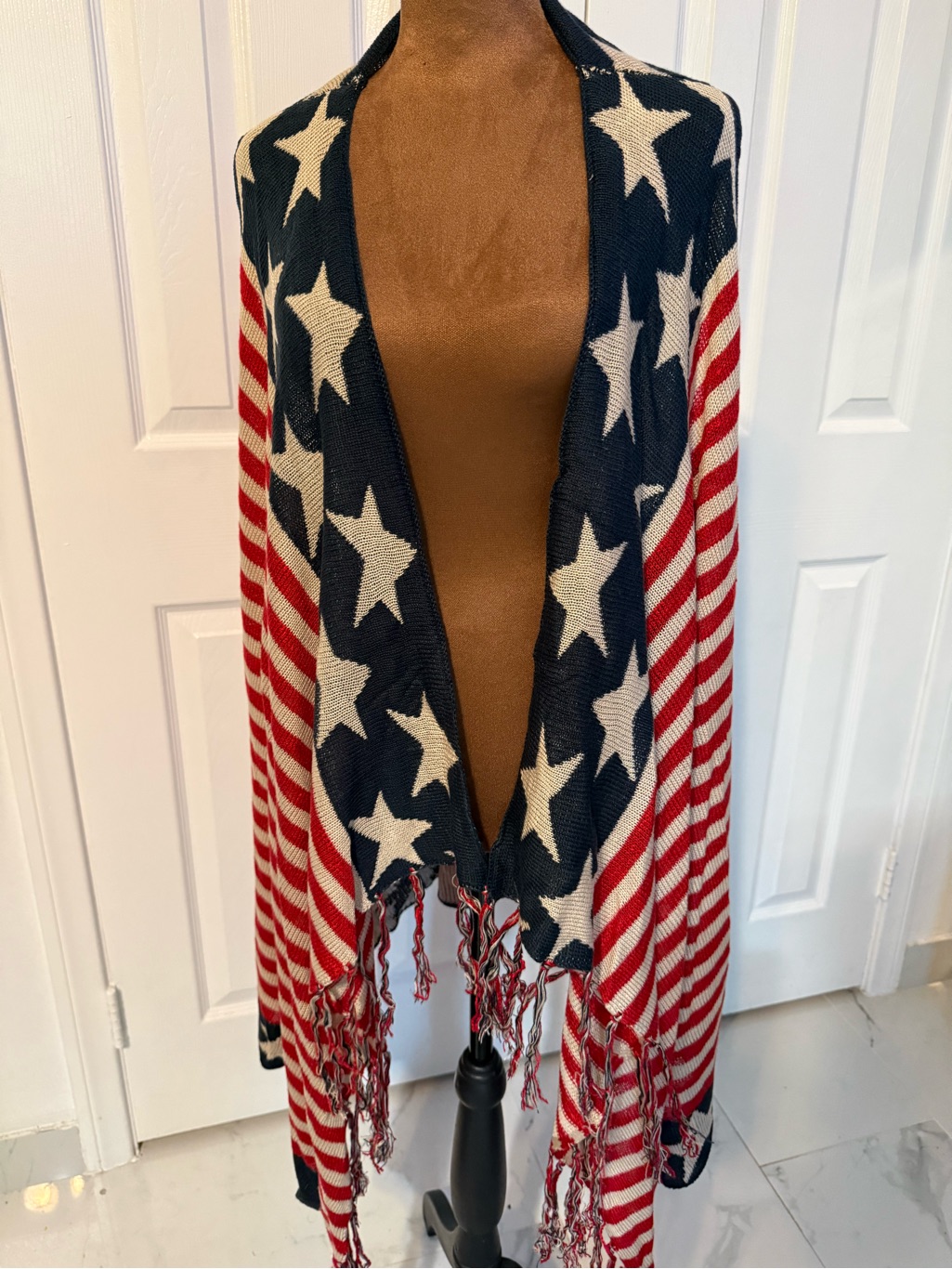 One World Red And White Striped Fringe Shawl With Navy Trim — image 2 of 7